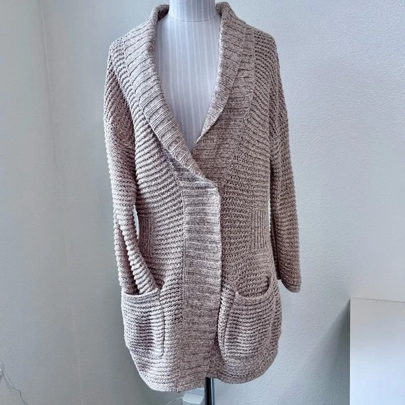 Eddie Bauer Chunky Knit Shawl Collar Cardigan Sweater Tan Beige Size Large - Picture 1 of 16